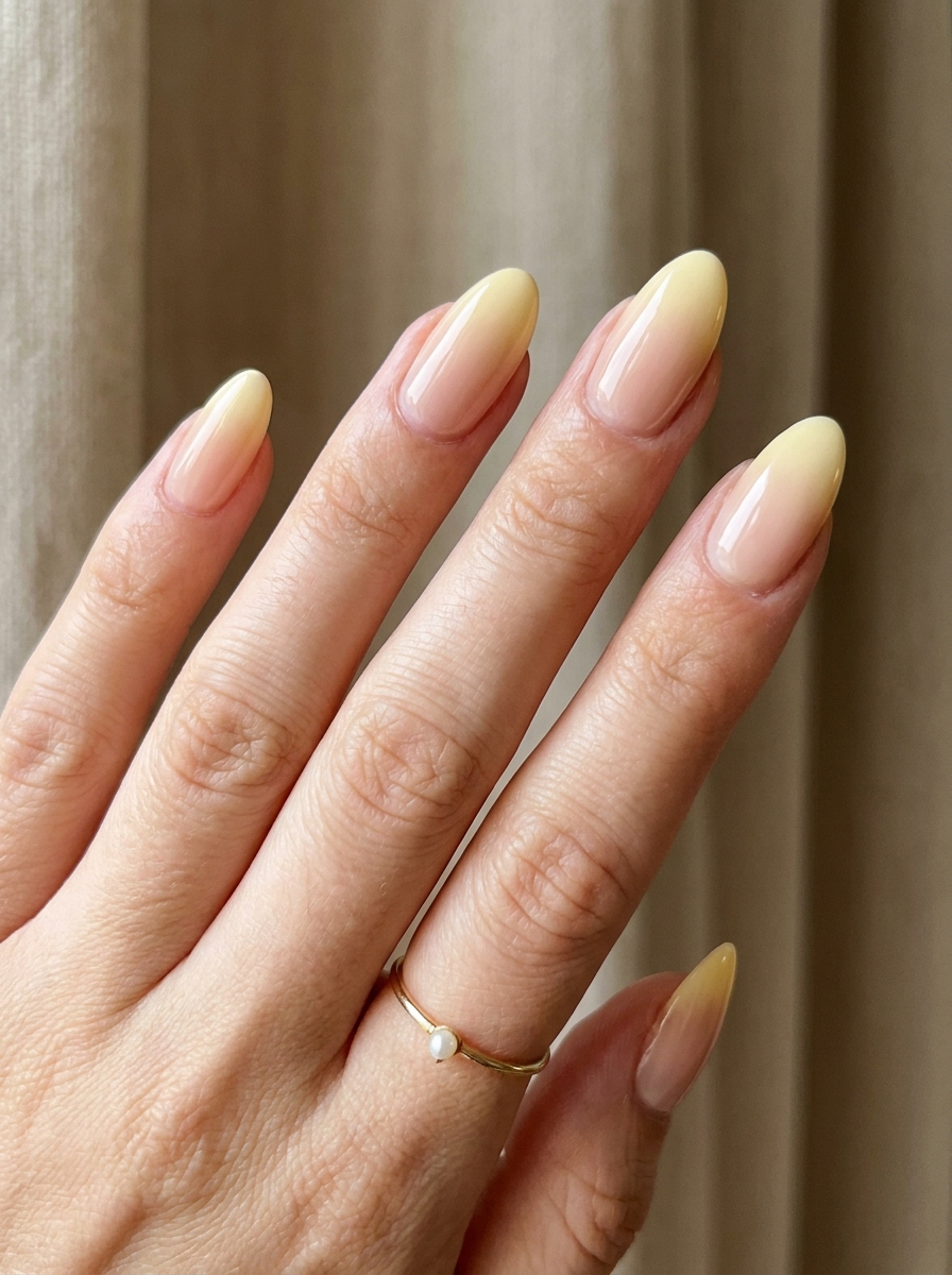 Buttery Yellow Ombre Nails mit sanftem Nude-Gelb-Verlauf